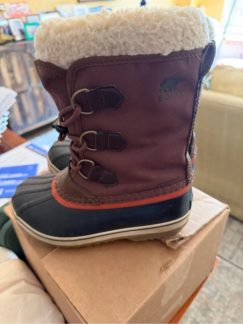 Sorel Kids Brown and Black Waterproof Winter Boots with Cream Faux Fur